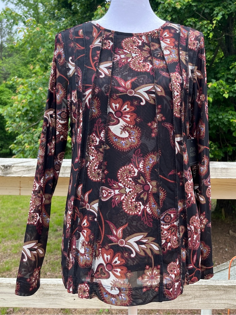 NWT JOHN MARK Enchanted Evening Double Layer Mesh Paisley Long Sleeve Blouse
